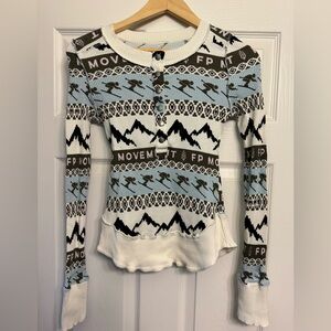 FP Movement by Free People Blue and White Ski Pattern Long Sleeve Top